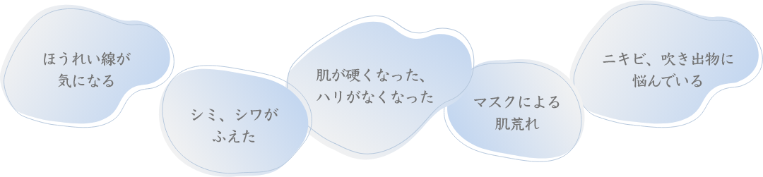 ほうれい線が気になる シミ、シワがふえた 肌が硬くなった、ハリがなくなった マスクによる肌荒れ ニキビ、吹き出物に悩んでいる